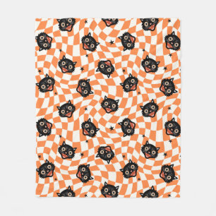 Retro-Schwarzkatze-Orange-Karomuster Fleecedecke