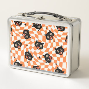 Retro-Schwarzkatze-Orange-Karomuster Metall Brotdose