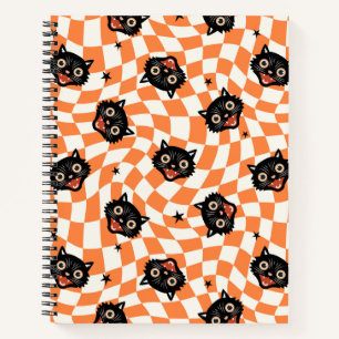 Retro Schwarzkatze Orange Karomuster Notizblock