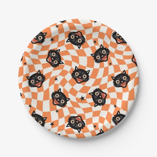 Retro Schwarzkatze Orange Karomuster Pappteller (Vorderseite)