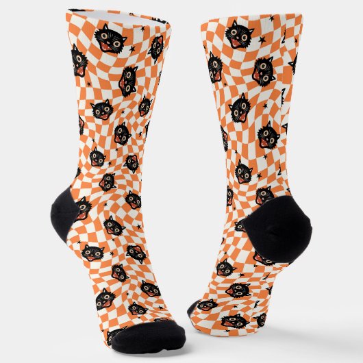 Retro Schwarzkatze Orange Karomuster Socken (Gewinkelt)
