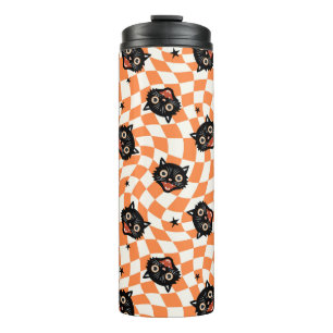 Retro-Schwarzkatze-Orange-Karomuster Thermosbecher