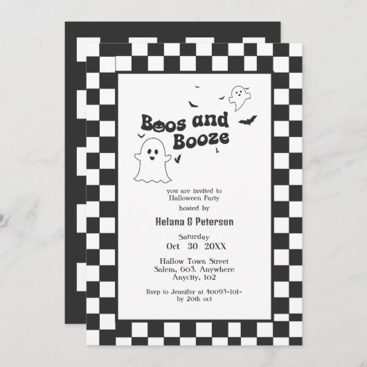 Retro-Schwarzweiß-Boos und Booze-Halloween-Party Einladung (Vorne/Hinten)