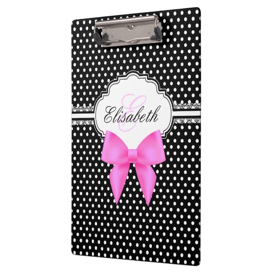 Retro Schwarzweiss-Tupfenrosa-Bogenmonogramm Klemmbrett (Links)