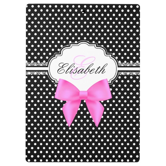 Retro Schwarzweiss-Tupfenrosa-Bogenmonogramm Klemmbrett (Rückseite)