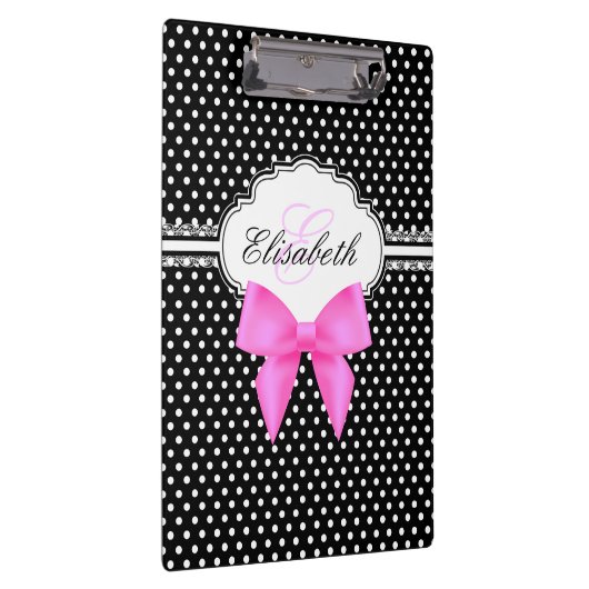 Retro Schwarzweiss-Tupfenrosa-Bogenmonogramm Klemmbrett (Rechts)