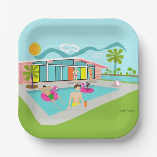Retro Schwule Rosa Flamingo Poolparty Pappteller (Vorderseite)