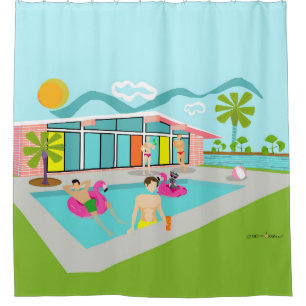 Retro-Schwulen-Rosa-Flamingo-Poolparty Duschvorhang