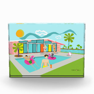 Retro-Schwulen-Rosa-Flamingo-Poolparty Fotoblock