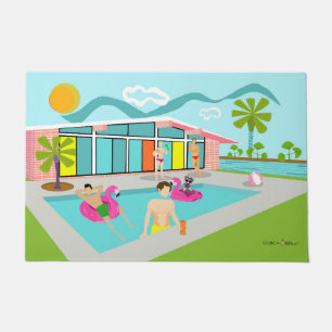Retro-Schwulen-Rosa-Flamingo-Poolparty Fußmatte