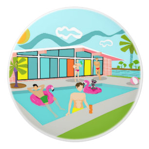 Retro-Schwulen-Rosa-Flamingo-Poolparty Keramikknauf