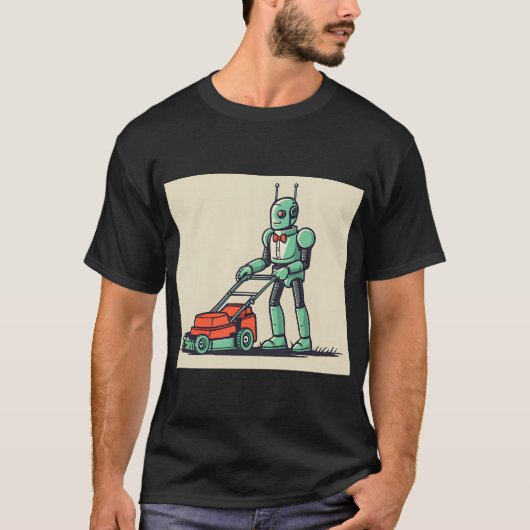 Retro Sci Fi Cartoon Robot and Lawnmower T-Shirt (Vorderseite)
