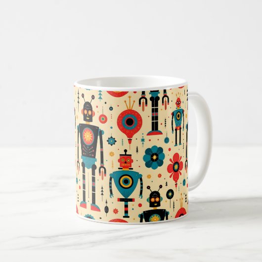 Retro Sci Fi Cartoon Robot-Muster Kaffeetasse (VorderseiteRechts)