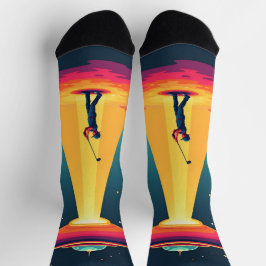 Retro Sci Fi Cartoon Rocket Ship and Golfer Socken
