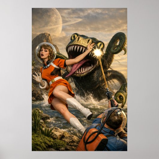 Retro-Sci-Fi-Fantasy-Weltraum-Monster-Kunst Poster (Vorne)