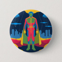 Retro Sci-Fi Hero Over Cityscape Button