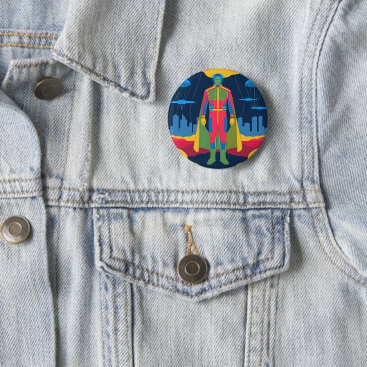 Retro Sci-Fi Hero Over Cityscape Button (Beispiel)
