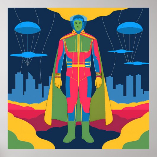 Retro Sci-Fi Hero Over Cityscape Poster (Vorne)
