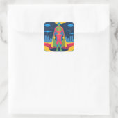Retro Sci-Fi Hero Over Cityscape Quadratischer Aufkleber (Tasche)