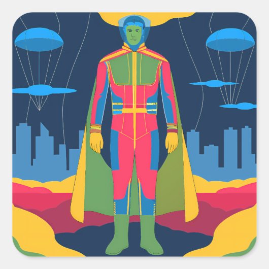 Retro Sci-Fi Hero Over Cityscape Quadratischer Aufkleber (Vorderseite)