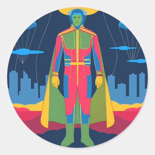 Retro Sci-Fi Hero Over Cityscape Runder Aufkleber (Vorderseite)