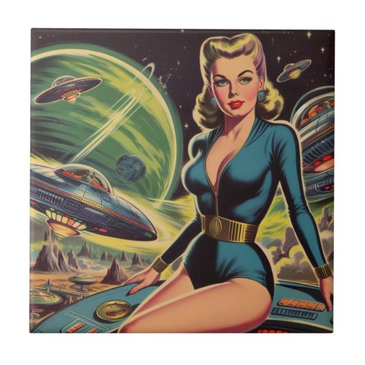 Retro-Sci-Fi-Mädchen Fliese (Vorderseite)