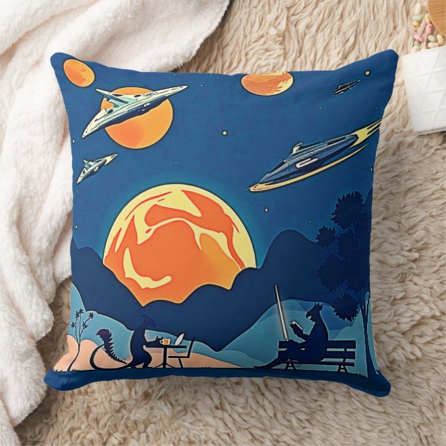 Retro Sci-Fi Planet Scene Kissen (Decke)