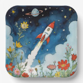 Retro-Sci-Fi-Rocketship über einen Nachtgarten Pappteller (Vorderseite)
