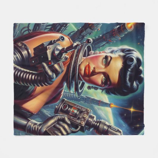 Retro Sci-Fi weibliche Malerei Fleecedecke (Vorderseite (Horizontal))