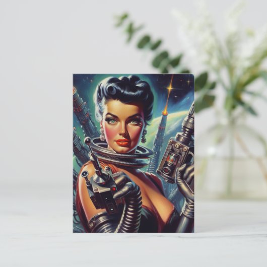 Retro Sci-Fi weibliche Malerei Postkarte (Stehend Vorderseite)