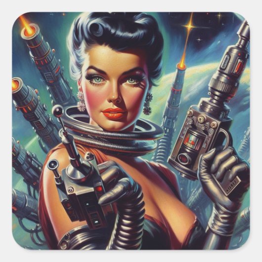 Retro Sci-Fi weibliche Malerei Quadratischer Aufkleber (Vorderseite)