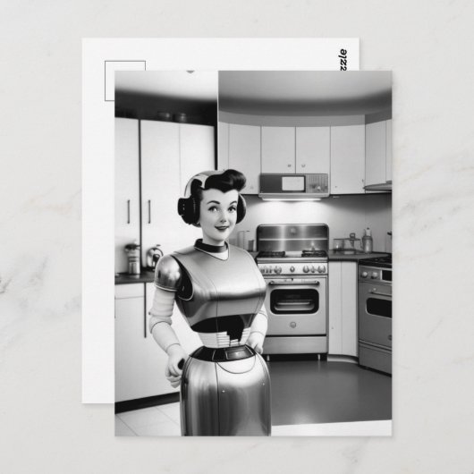 Retro-Science Fiction-Roboter-Hausfrau der 50er Ja Postkarte (Vorne/Hinten)