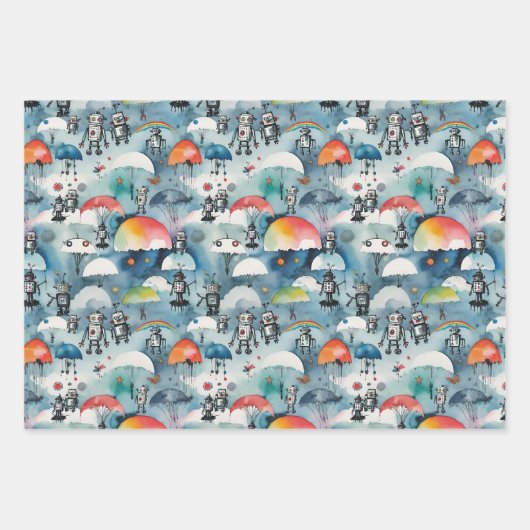 Retro-SciFi-Roboter im Weltraum Geschenkpapier Set (Vorderseite)