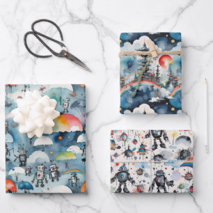 Retro-SciFi-Roboter im Weltraum Geschenkpapier Set
