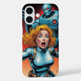 Retro Scifi Woman running from Robot iPhone 16 Hülle