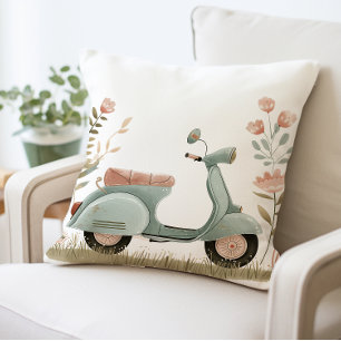 Retro Scooter Pillow, Vintager Blumenroller Kissen