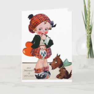 Retro Scottish girl Valentine add message card Feiertagskarte