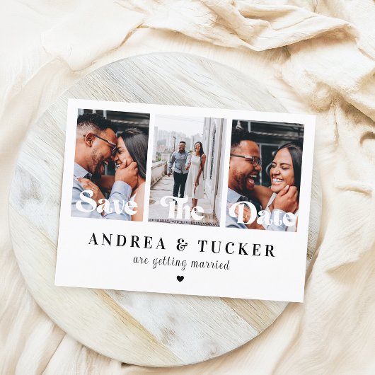 Retro Script 3 Foto Collage Wedding Save the Date Postkarte