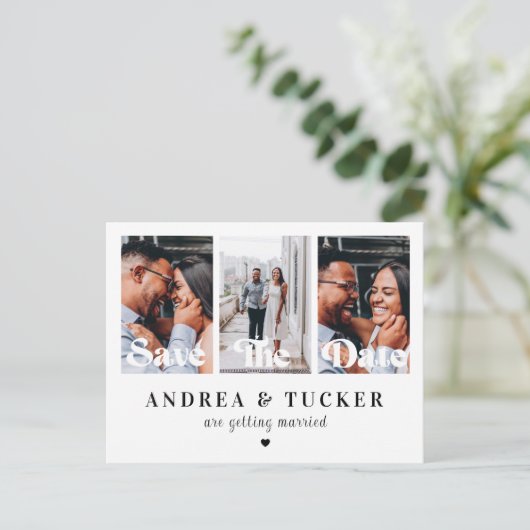 Retro Script 3 Foto Collage Wedding Save the Date Postkarte (Stehend Vorderseite)
