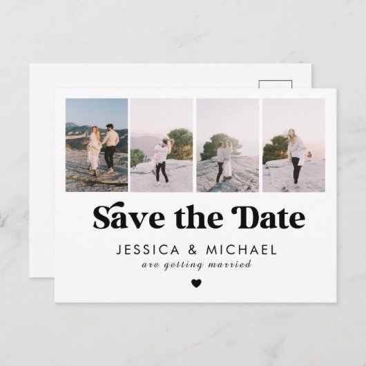 Retro Script 4 Foto Collage Wedding Save the Date Postkarte (Vorne/Hinten)