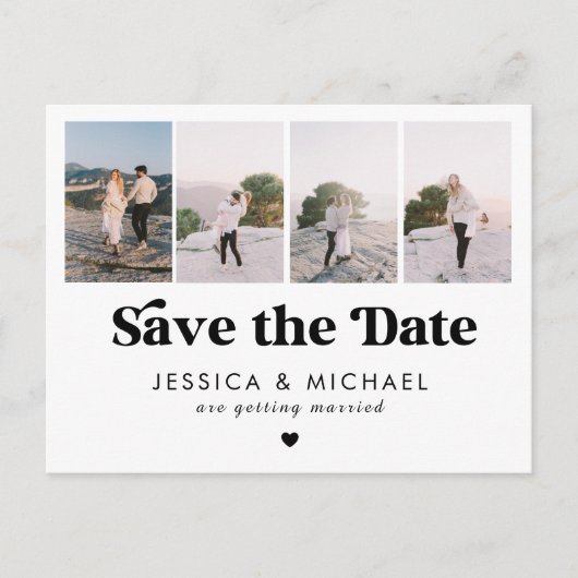 Retro Script 4 Foto Collage Wedding Save the Date Postkarte (Vorderseite)