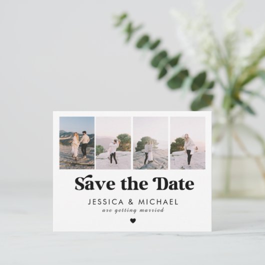 Retro Script 4 Foto Collage Wedding Save the Date Postkarte (Stehend Vorderseite)