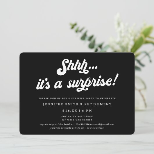 Retro Script Black Surprise Retirement Party Einladung (Stehend Vorderseite)