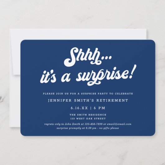Retro Script Blue Surprise Retirement Party Einladung (Vorderseite)