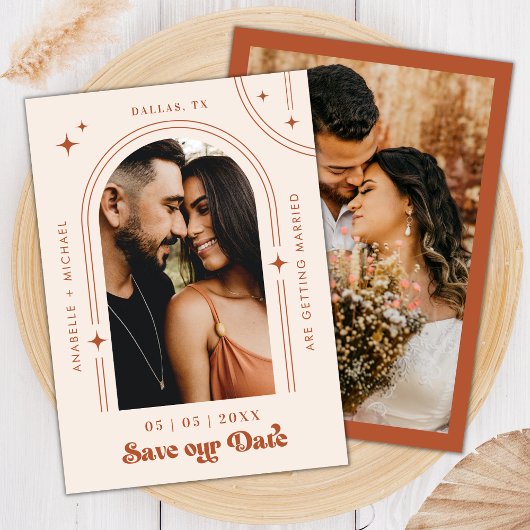 Retro Script Boho Arch Foto Terracotta Wedding Save The Date