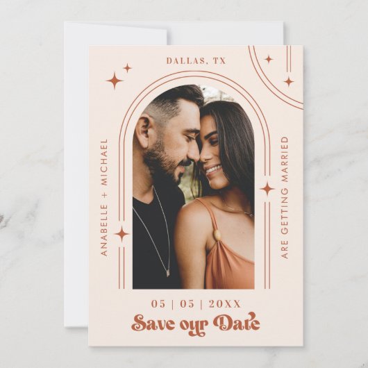 Retro Script Boho Arch Foto Terracotta Wedding Save The Date (Vorderseite)