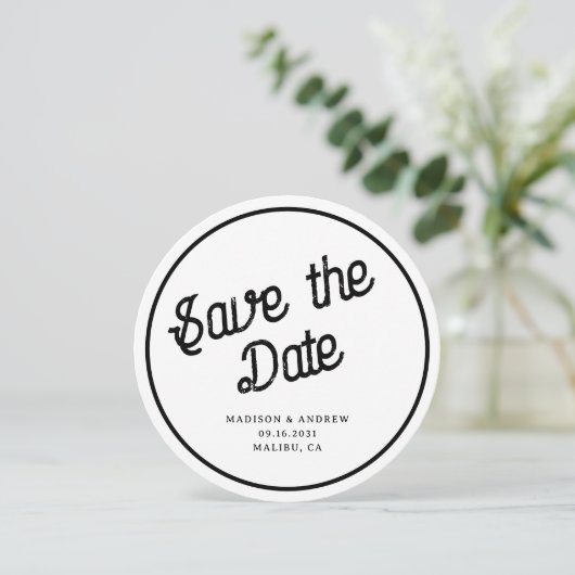 Retro Script Custom Foto Circle Round Wedding Save The Date (Stehend Vorderseite)