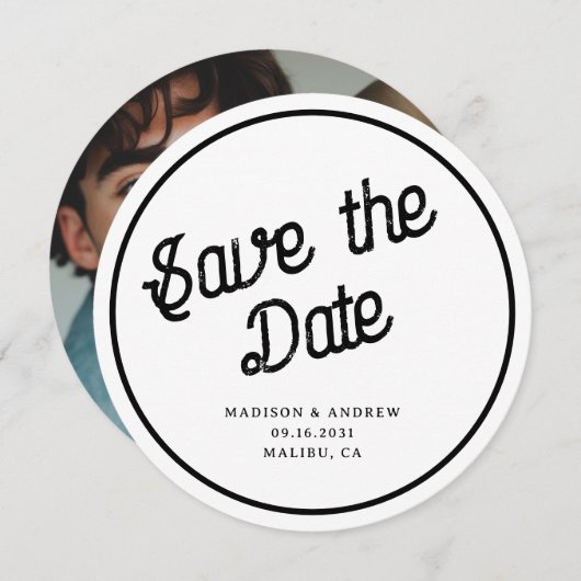 Retro Script Custom Foto Circle Round Wedding Save The Date (Vorne/Hinten)
