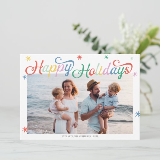 Retro Script farbenfrohe Weihnachten Ein Foto (Stehend Vorderseite)