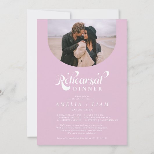 Retro-Script-Foto lilac rosa Probe Dinner Einladung (Vorderseite)